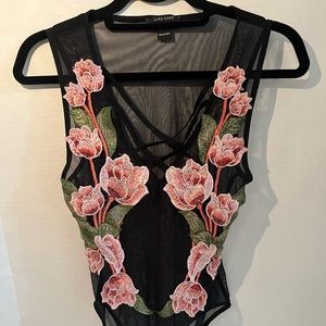 Mind Code Sheer Black Bodysuit with Floral Embroidery Size Medium Whimsigoth